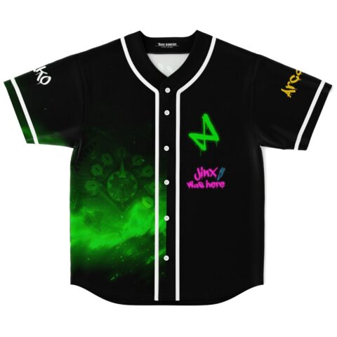 Black glowing green rave baseball jersey front view with cosmic graphic and pink graffiti text