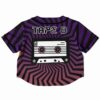 Back view of the cassette design rave cropped baseball jersey with purple stripes and a cassette
