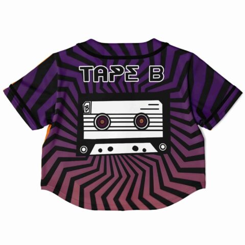 Cropped baseball jersey back view with purple stripes and cassette