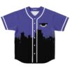 Purple night starry cityscape rave baseball jersey, front view with skyline silhouette and white piping