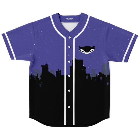 Purple night starry cityscape rave baseball jersey, front view with skyline silhouette and white piping