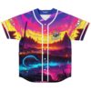 Neon sunset landscape design with glowing river and white piping, front view on white background