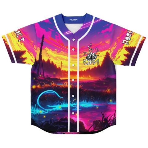 Neon sunset landscape design with glowing river and white piping, front view on white background