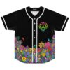 Black neon psychedelic dripping pentagon jersey with colorful mushroom and floral border, front view