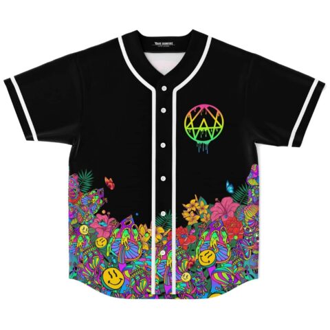 Black neon psychedelic dripping pentagon jersey with colorful mushroom and floral border, front view