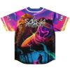 Fantasy forest artwork with cloaked figures and glowing creatures on a purple jersey, back view