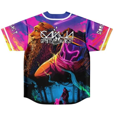 Fantasy forest artwork with cloaked figures and glowing creatures on a purple jersey, back view