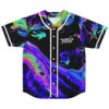 Black psychedelic iridescent swirl jersey with white piping and chest logo, front flat-lay view
