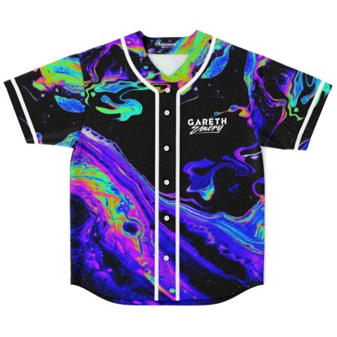 Black psychedelic iridescent swirl jersey with white piping and chest logo, front flat-lay view