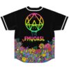 Black dripping pentagon jersey featuring FMUOASL text and neon mushroom-floral border, back view on white