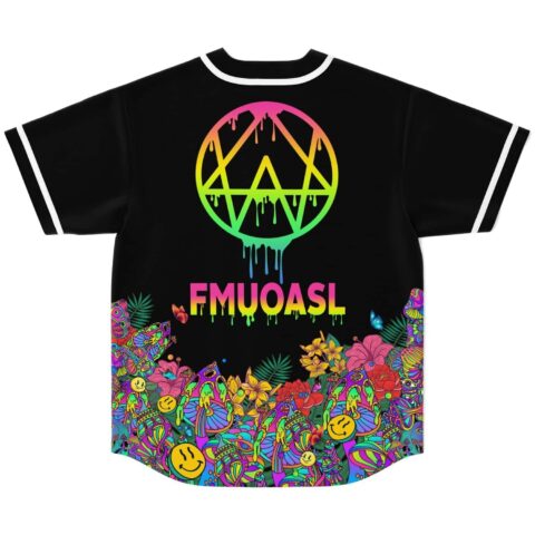 Black dripping pentagon jersey featuring FMUOASL text and neon mushroom-floral border, back view on white