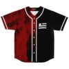 Black-red distressed split design with white piping, buttons, and chest emblem, front product view