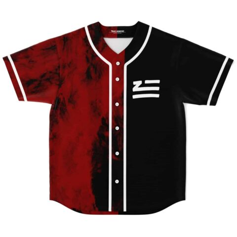 Black-red distressed split design with white piping, buttons, and chest emblem, front product view