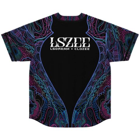 Black symmetrical psychedelic paisley jersey, back view, colorful neon linework, large white logo lettering
