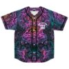 Psychedelic mushroom jersey with neon ornate swirls and button placket, front view