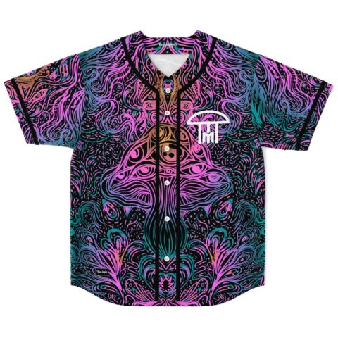 Psychedelic mushroom jersey with neon ornate swirls and button placket, front view