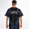 Black symmetrical psychedelic paisley jersey with neon blue and pink details, modeled back view