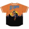 Orange starry sky design with bold blue lettering and cartoon-style festival character, back view
