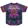 Neon ornate mushroom pattern with large white lettering across the back, flat back view