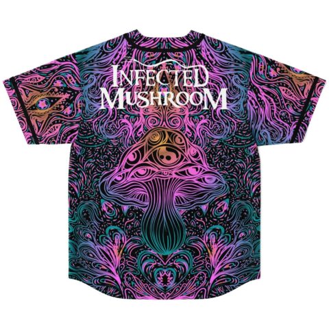 Neon ornate mushroom pattern with large white lettering across the back, flat back view