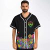 Model wearing black neon psychedelic dripping pentagon jersey with colorful mushroom border, front view