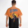 Orange starry sky design with blue-haired cartoon-style character and city skyline, worn back view