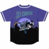 Starry purple cityscape jersey, back view with cartoon-style blue-clad animal graphic