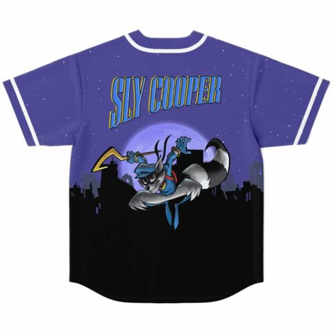 Starry purple cityscape jersey, back view with cartoon-style blue-clad animal graphic