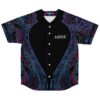 Black symmetrical psychedelic linework jersey, front view, neon blue and pink details, chest lettering