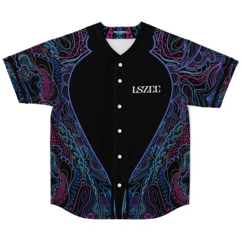 Black symmetrical psychedelic linework jersey, front view, neon blue and pink details, chest lettering