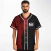 Black-red distressed split design with white piping and chest emblem, front model view