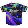 Black psychedelic iridescent swirl jersey with geometric starburst back graphic, rear flat-lay view