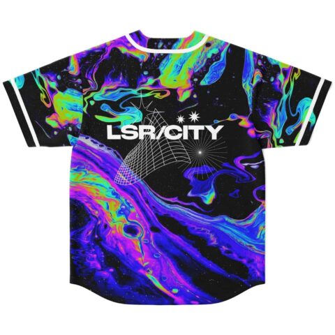 Black psychedelic iridescent swirl jersey with geometric starburst back graphic, rear flat-lay view