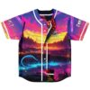 Neon sunset landscape design with purple skies, river scenery, and white piping, front view