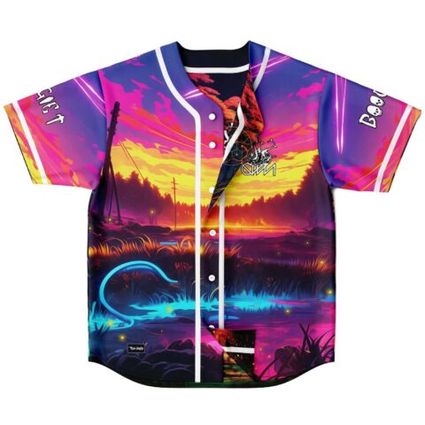 Neon sunset landscape design with purple skies, river scenery, and white piping, front view