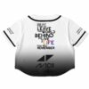 Back view of the gradient rave cropped baseball jersey with text over the gradient design