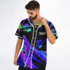 Black psychedelic iridescent swirl jersey with white button placket and chest logo, modeled front view