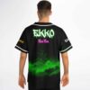 Neon green cosmic back print, modeled view with graffiti text reading Ha Ha