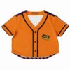 Vibrant orange rave cropped baseball jersey with a cassette design