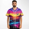 Neon sunset landscape jersey with glowing river and white piping, front view worn by model