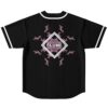 Black back with pink kaleidoscopic portrait pattern and centered diamond emblem