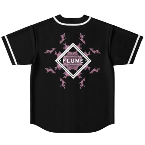 Black back with pink kaleidoscopic portrait pattern and centered diamond emblem