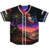 Geometric neon landscape design with butterflies and orange trees on black jersey, alternate front view