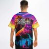 Fantasy forest jersey featuring hooded figures and glowing trails, back view worn by model