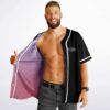 Model opens reversible jersey to reveal lavender-pink interior with contrasting black side