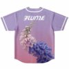 Lavender-pink back features oversized blue and pale flower bouquet with white trim