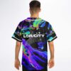 Black psychedelic iridescent swirl jersey with geometric starburst back graphic, modeled rear view