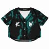 Black and teal rave cropped baseball jersey with bold lettering, front view
