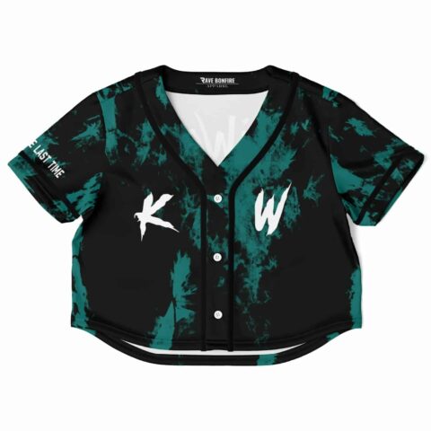 Black and teal cropped baseball jersey with bold lettering, front view