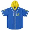 Angular yellow emblem on royal blue jersey with white piping, flat front view